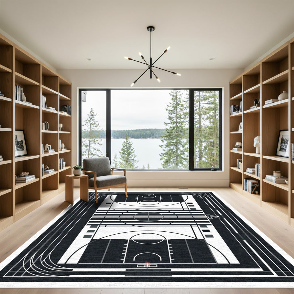 Modern Monochrome Basketball Court Graphic Rug