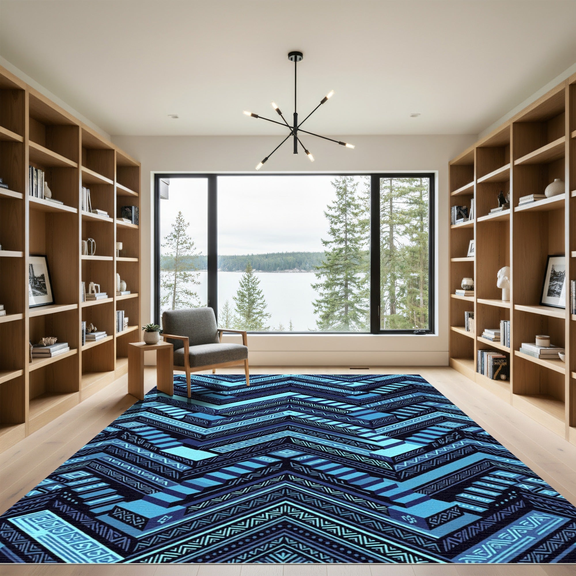 Geometric Blue Tribal Zigzag Staircase Rug