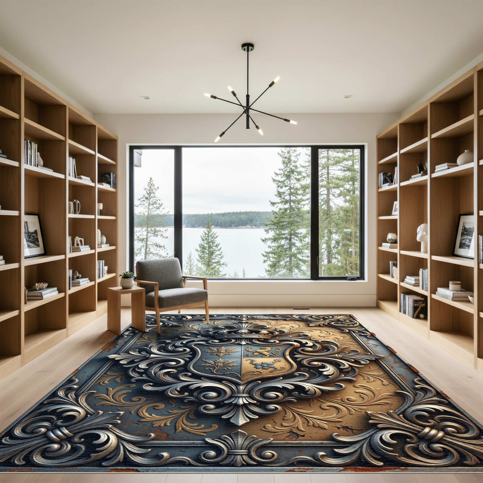 Ornate Golden Royal Crest Medallion Rug