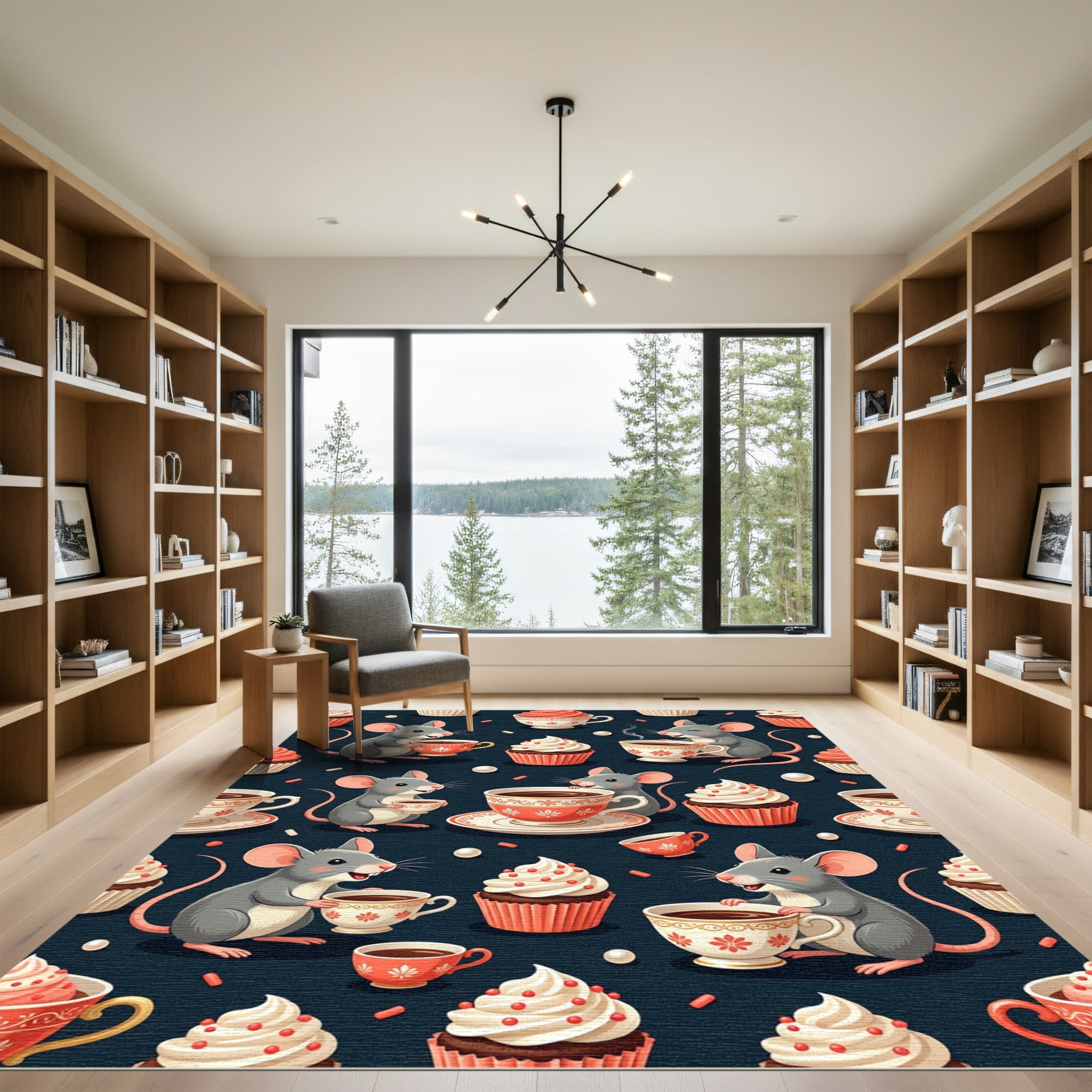Whimsical Gray Mouse Tea Cup Treats Rug
