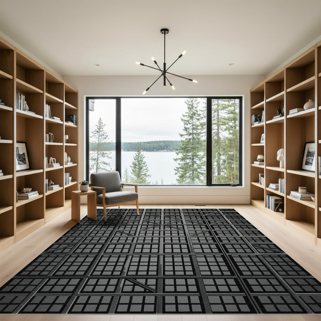 Gray Industrial Grid Structure Rug