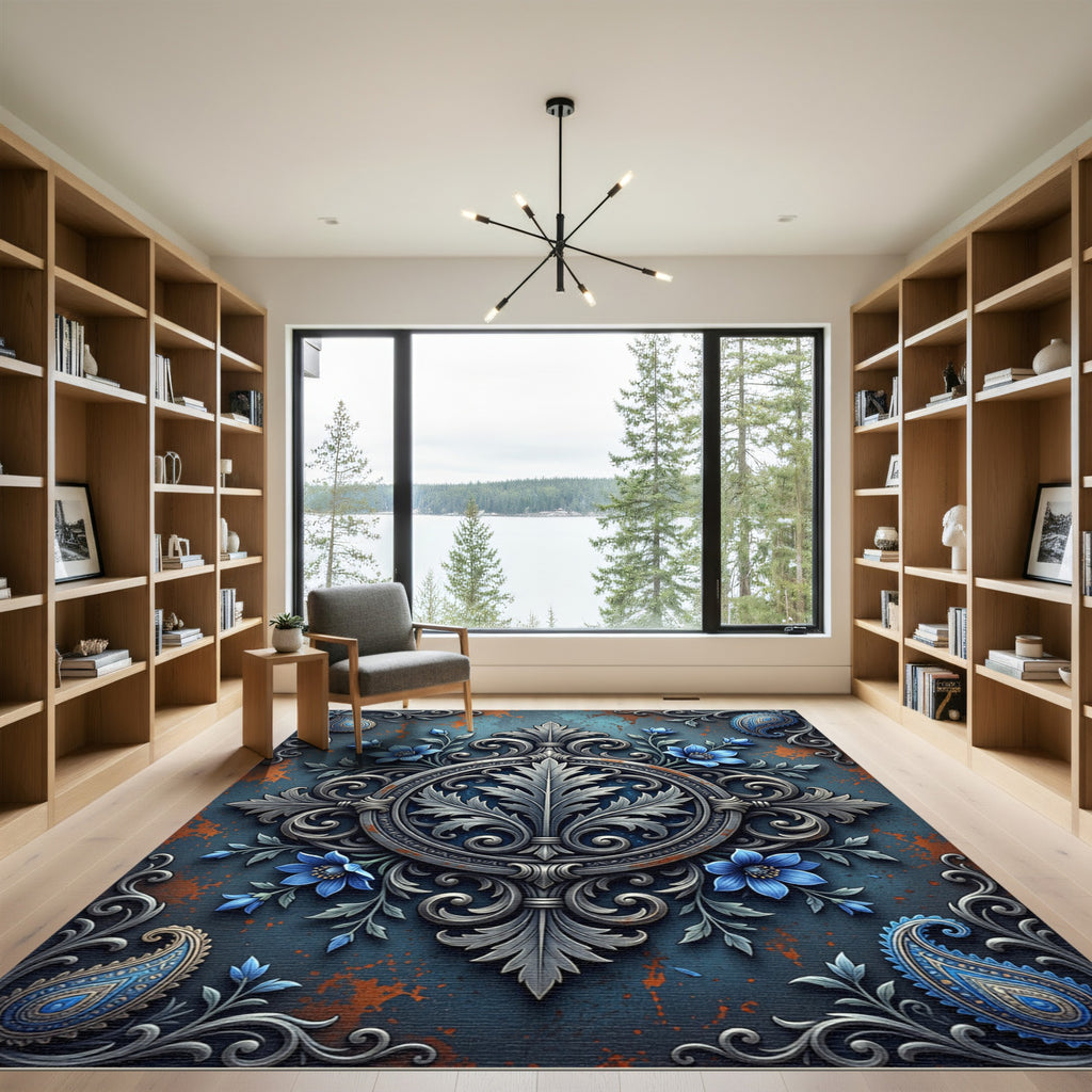Ethereal Silver Floral Medallion Blue Rust Rug