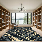 Modern Black and Gold Geometric Grid Rug