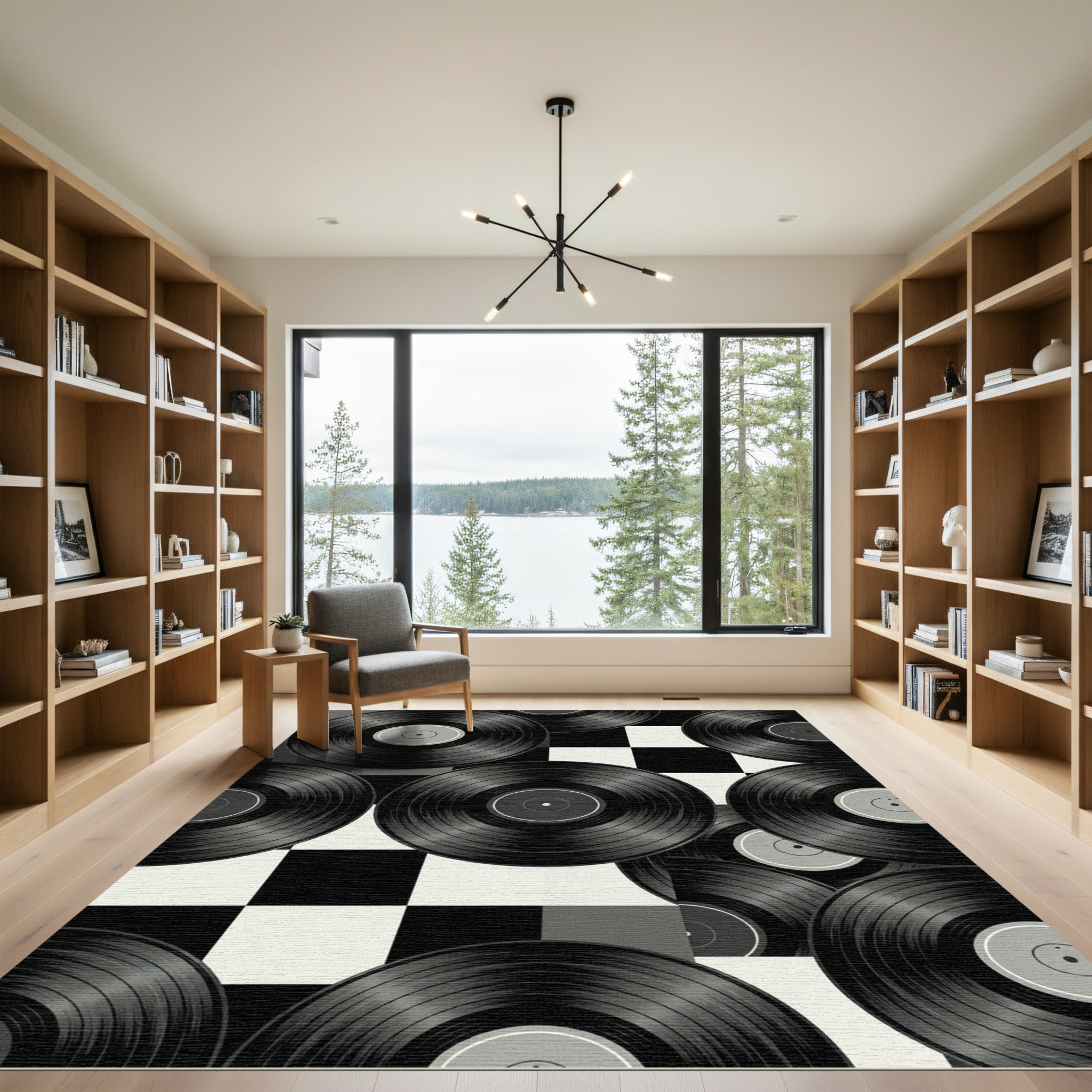 Retro Vinyl Record Checkered Monochrome Art Rug