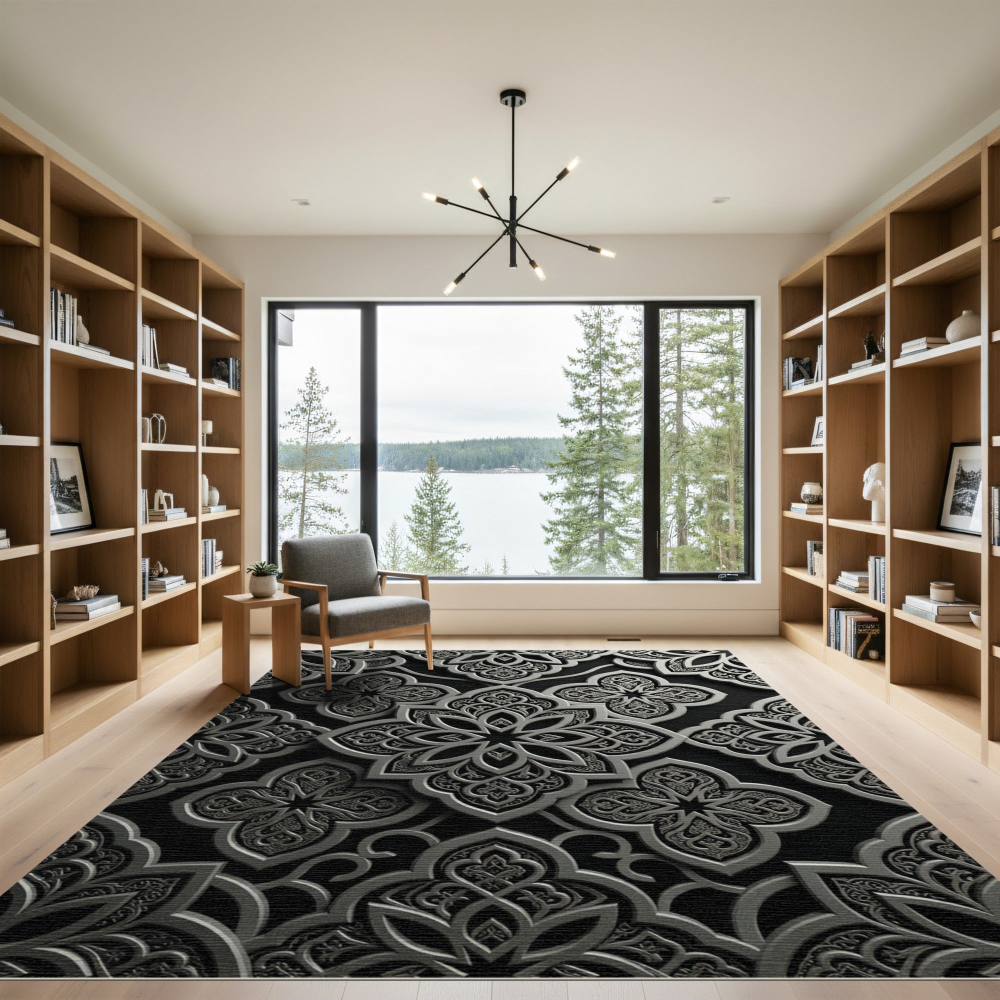 Intricate Silver Arabesque Floral Pattern Rug