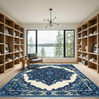 Deep Blue Floral Scroll Medallion Rug