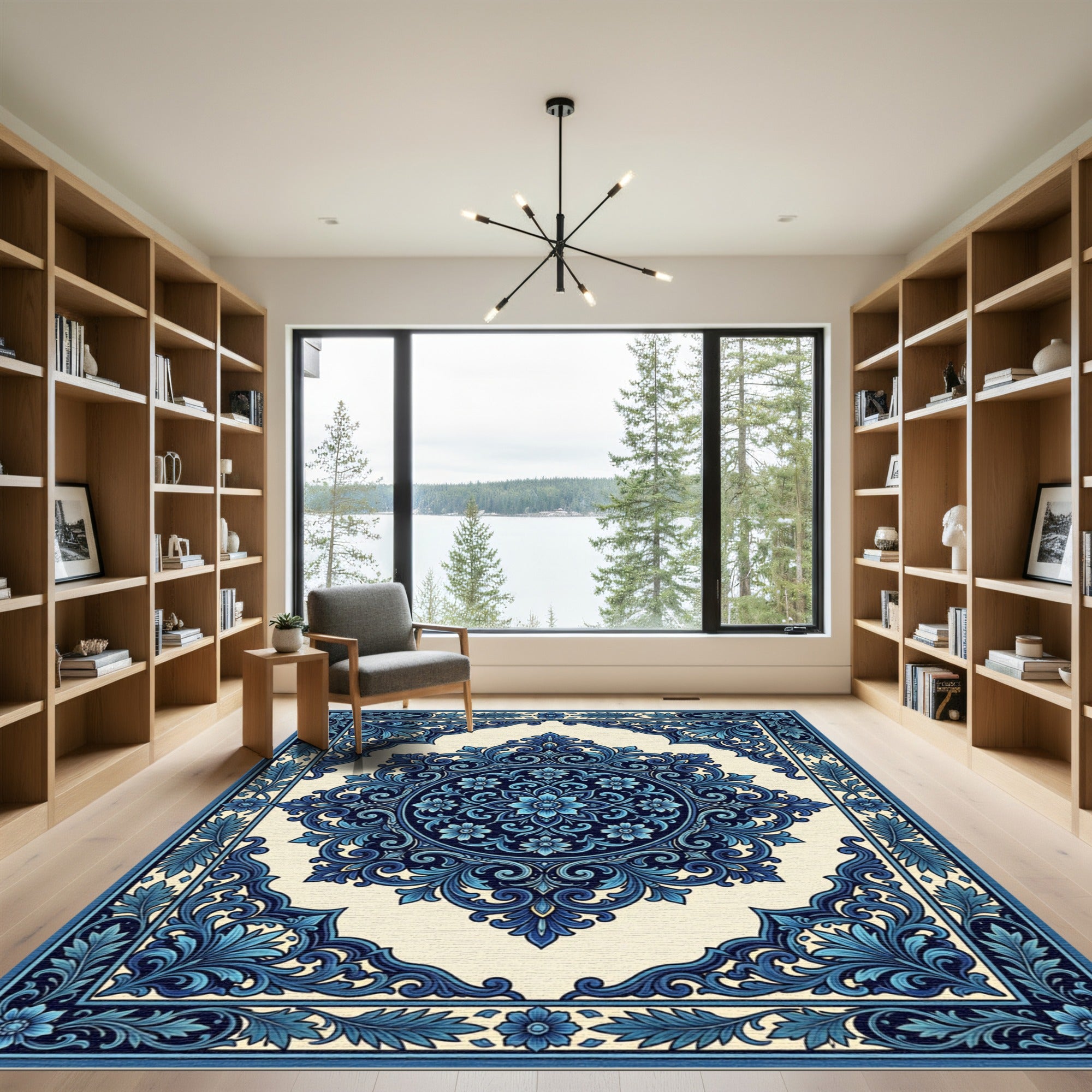 Deep Blue Floral Scroll Medallion Rug
