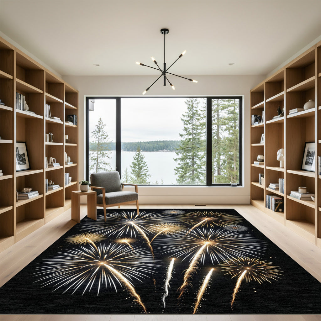 Luminous Golden Fireworks Burst Art Rug