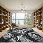 Monochrome Tropical Feather Leaf Illustration Rug