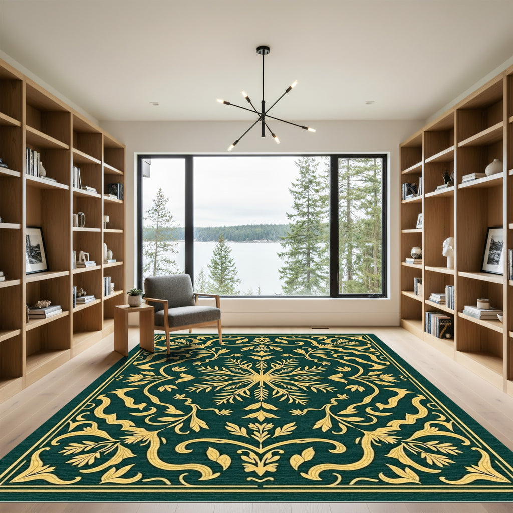 Emerald Gold Detailed Floral Medallion Rug