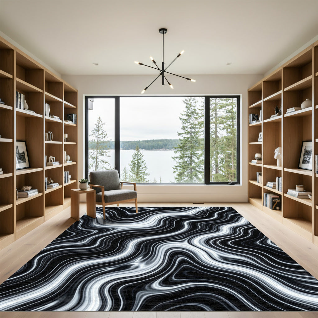Monochrome Liquid Marble Swirl Rug