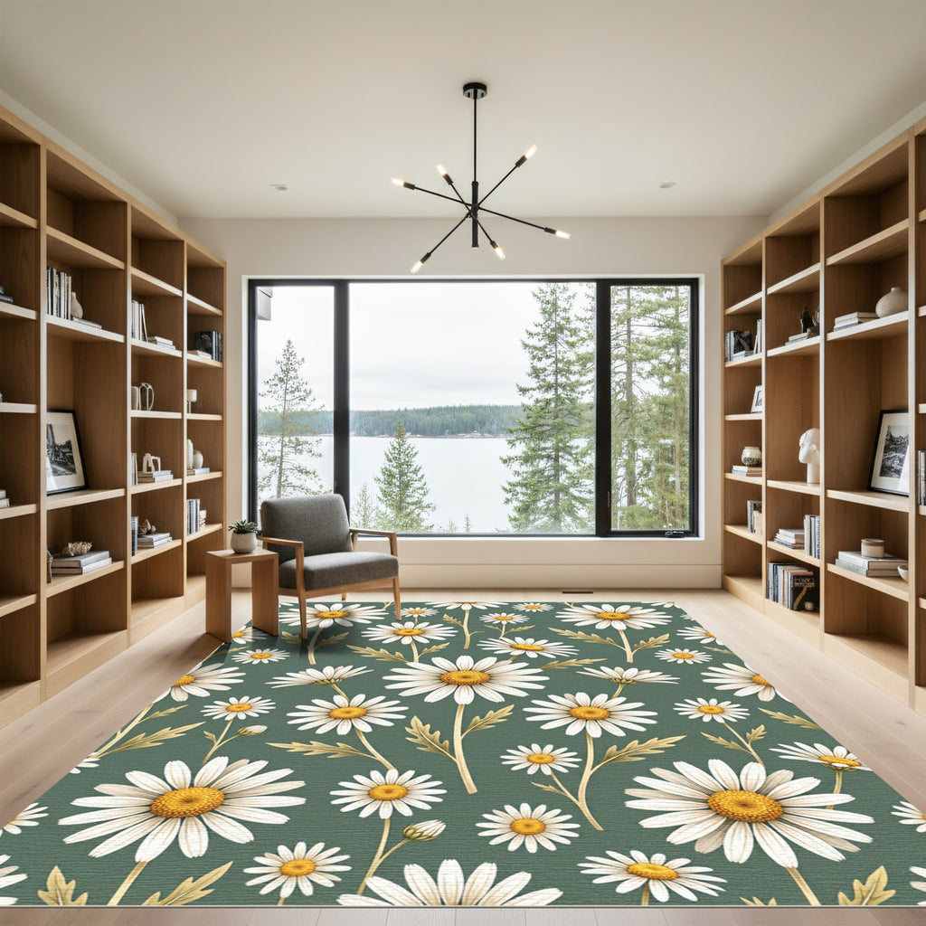 Botanical Sage Green Daisy Floral Rug