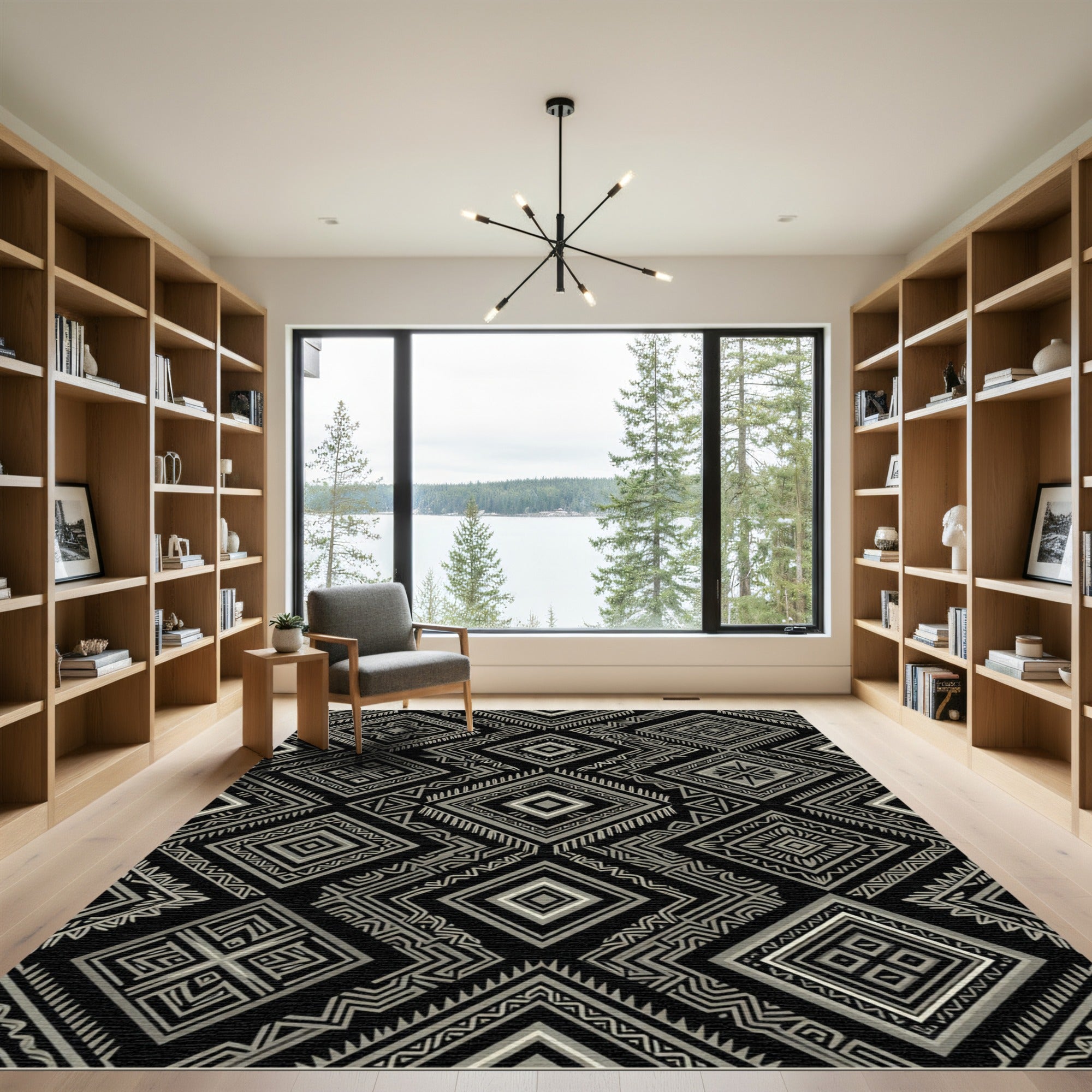 Sophisticated Monochrome Geometric Tribal Diamond Rug