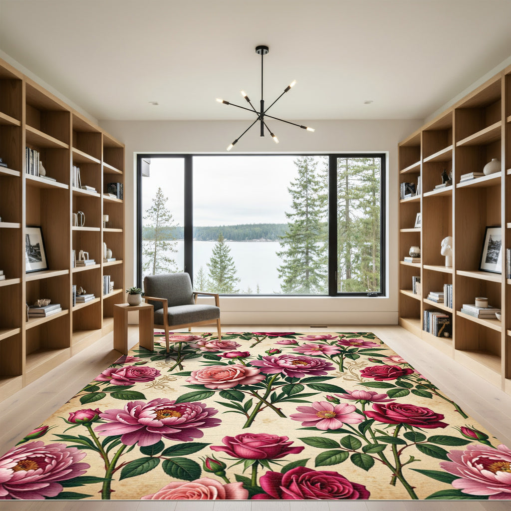 Vintage Romantic Pink Rose Floral Garden Rug