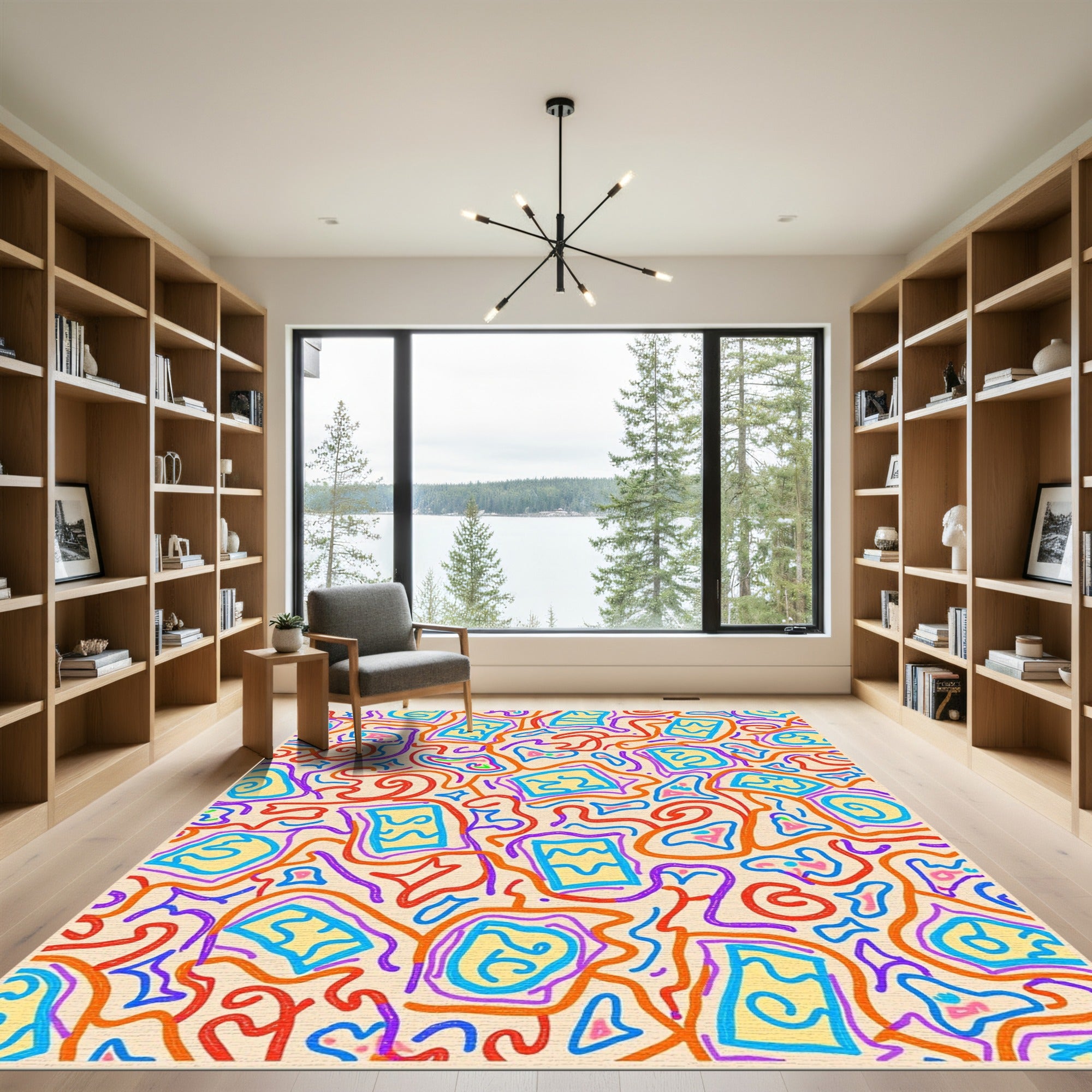 Yellow Squares Wavy Purple Orange Lines Rug