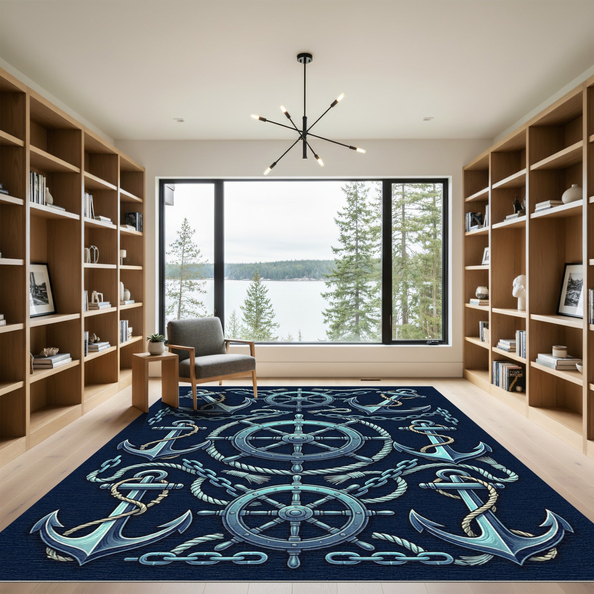 Classic Nautical Anchors Steering Wheels Chains Rug