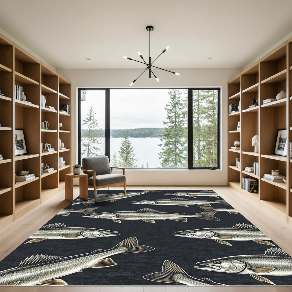 Dark Charcoal Monochrome Fish Illustration Rug