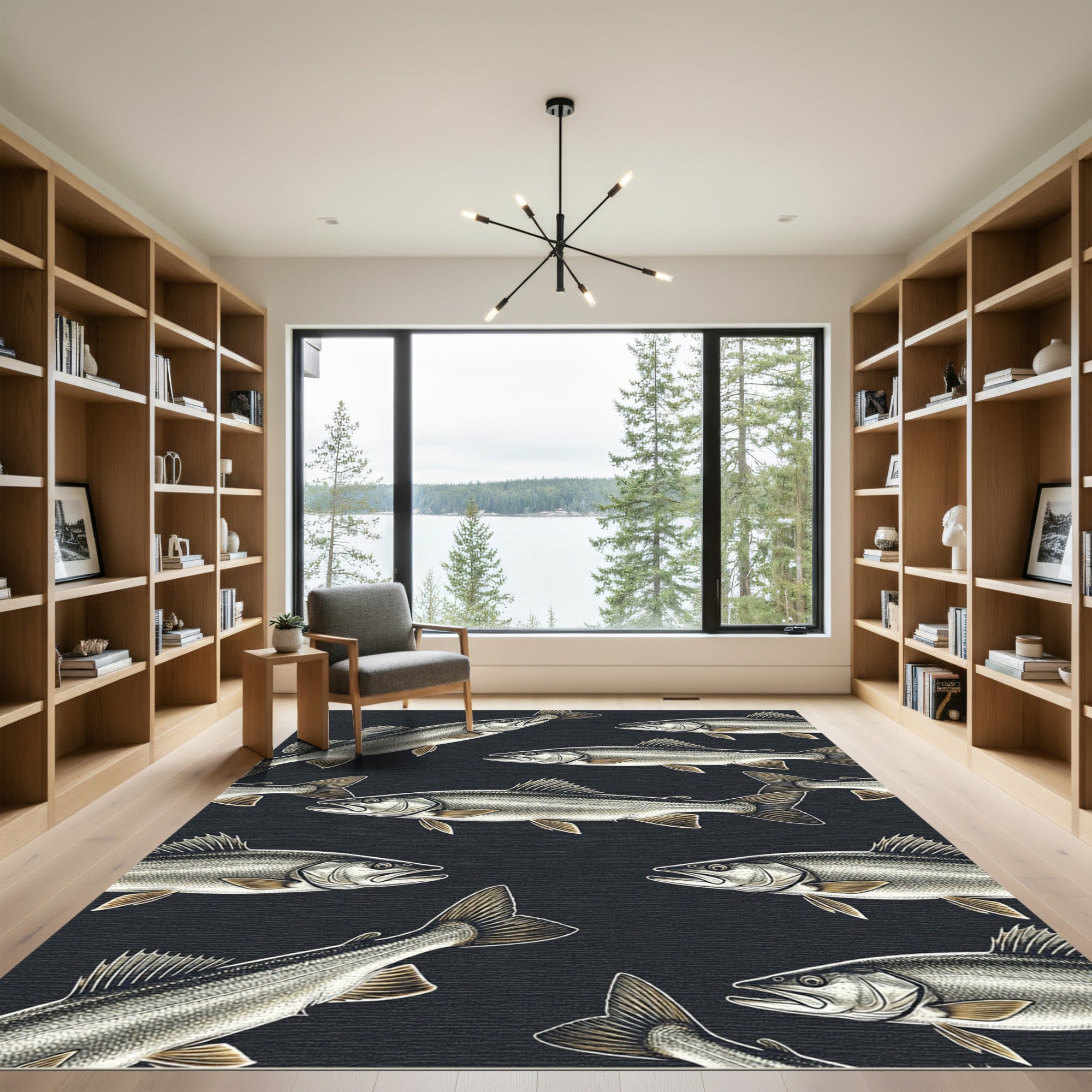 Dark Charcoal Monochrome Fish Illustration Rug