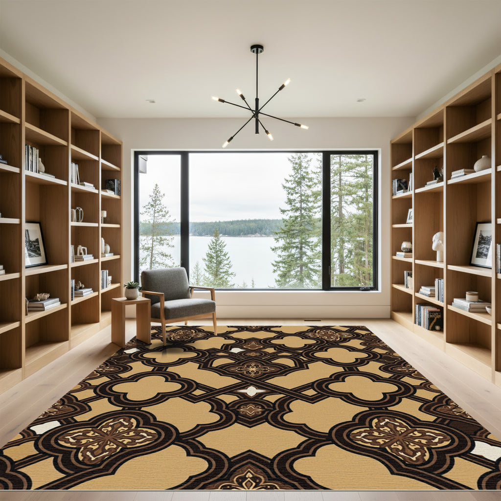 Elegant Bronze Quatrefoil Interlocking Geometric Rug