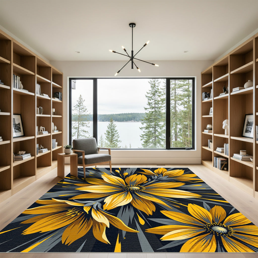 Vibrant Yellow Floral Charcoal Abstract Rug