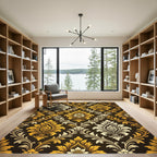 Ornate Golden Damask Floral Dark Luxury Rug