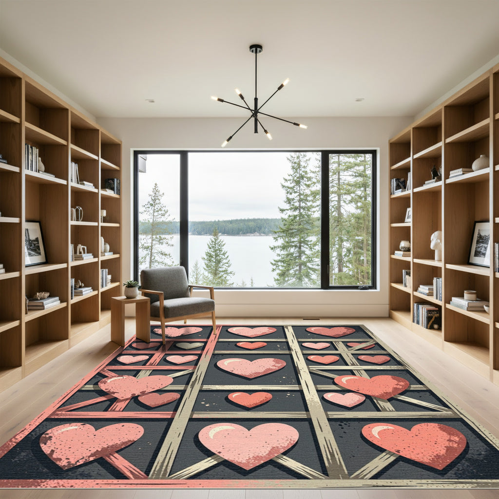 Distressed Pink Heart Grid Illustration Rug