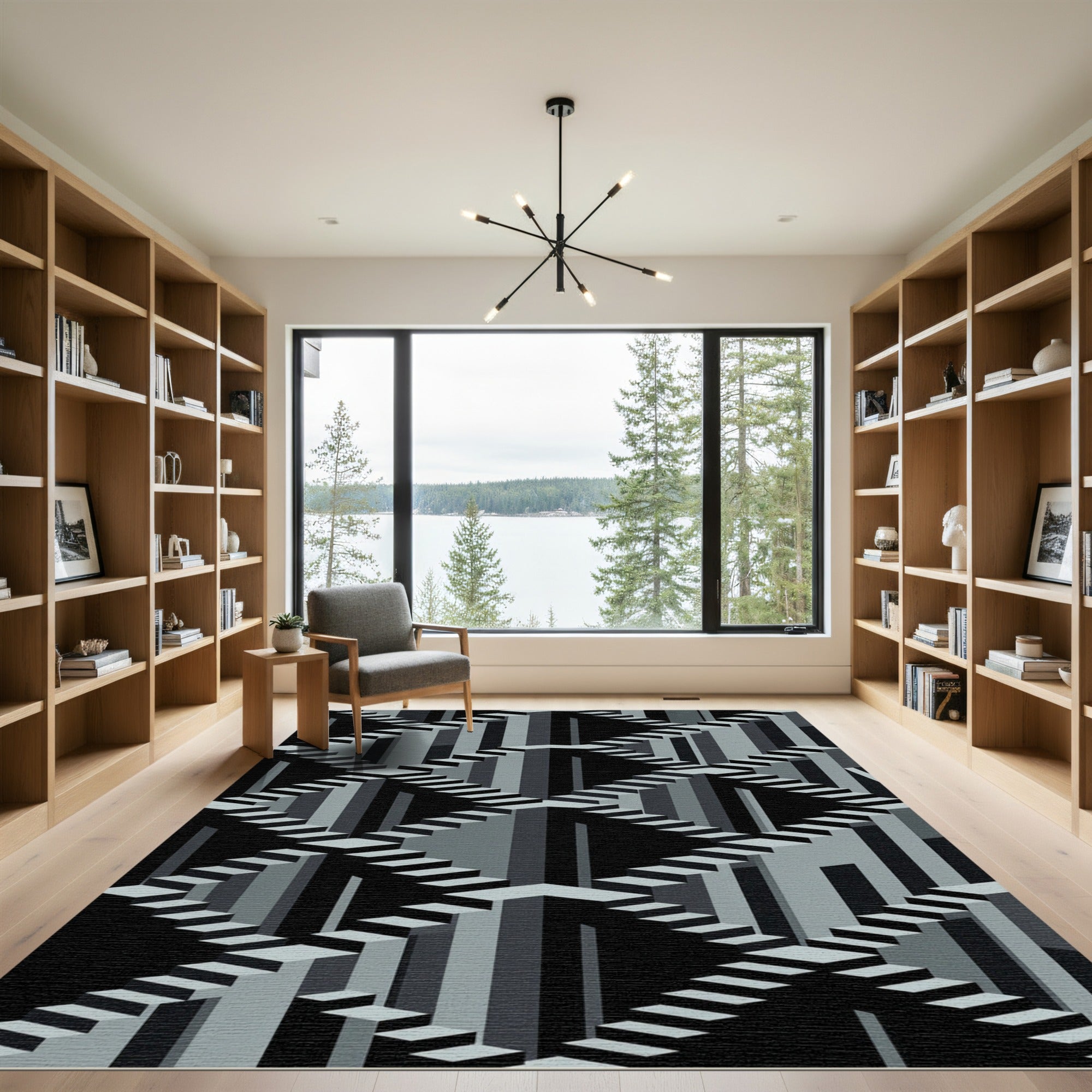 Monochrome Geometric Optical Illusion Staircase Rug