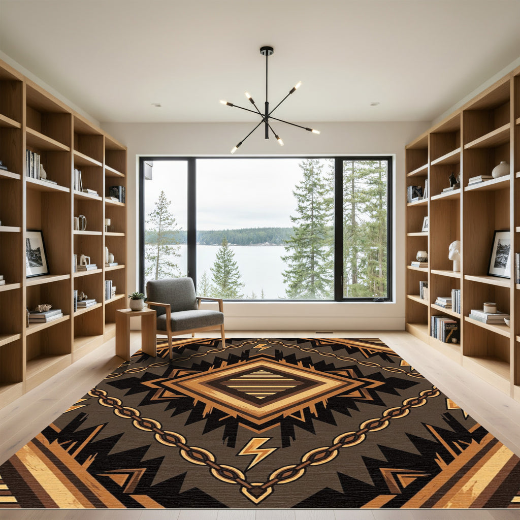 Earthy Geometric Thunderbolt Chain Rug