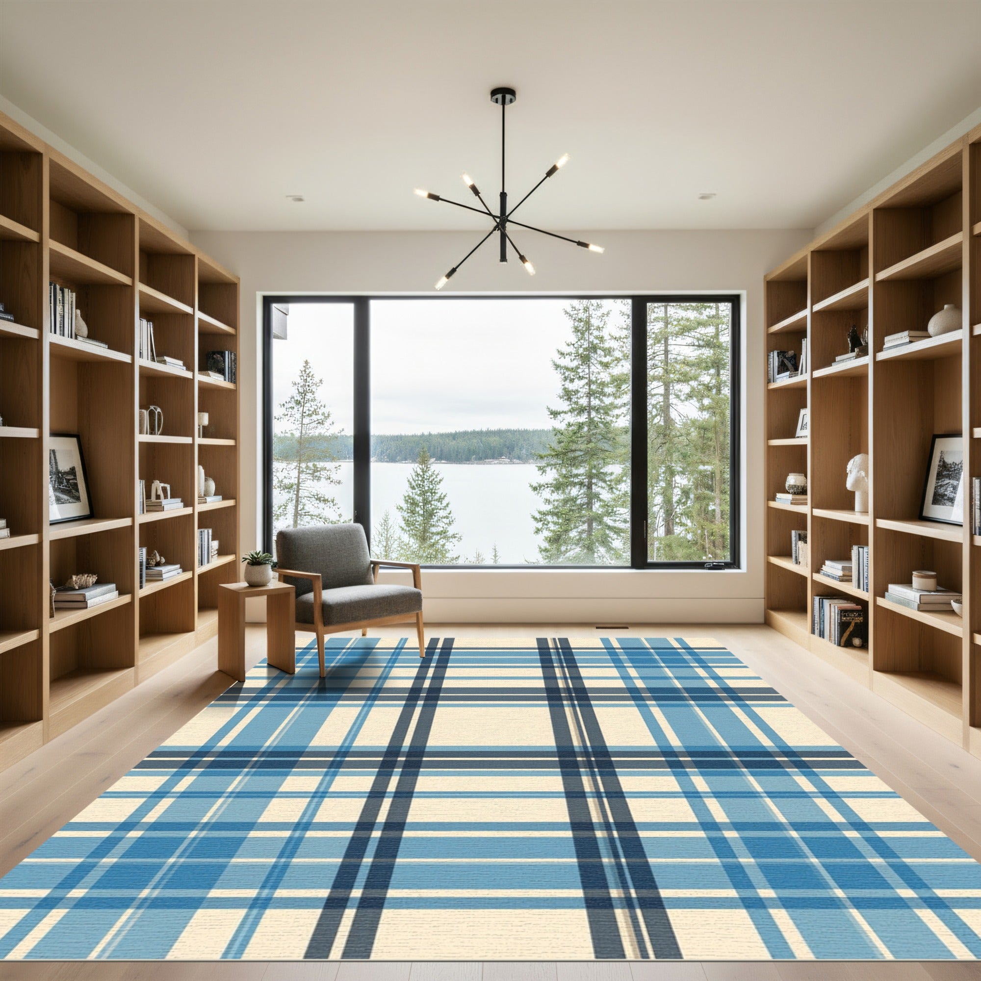 Classic Navy and Azure Plaid Grid Rug