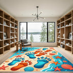 Playful Blue Orange Paw Print Shore Rug