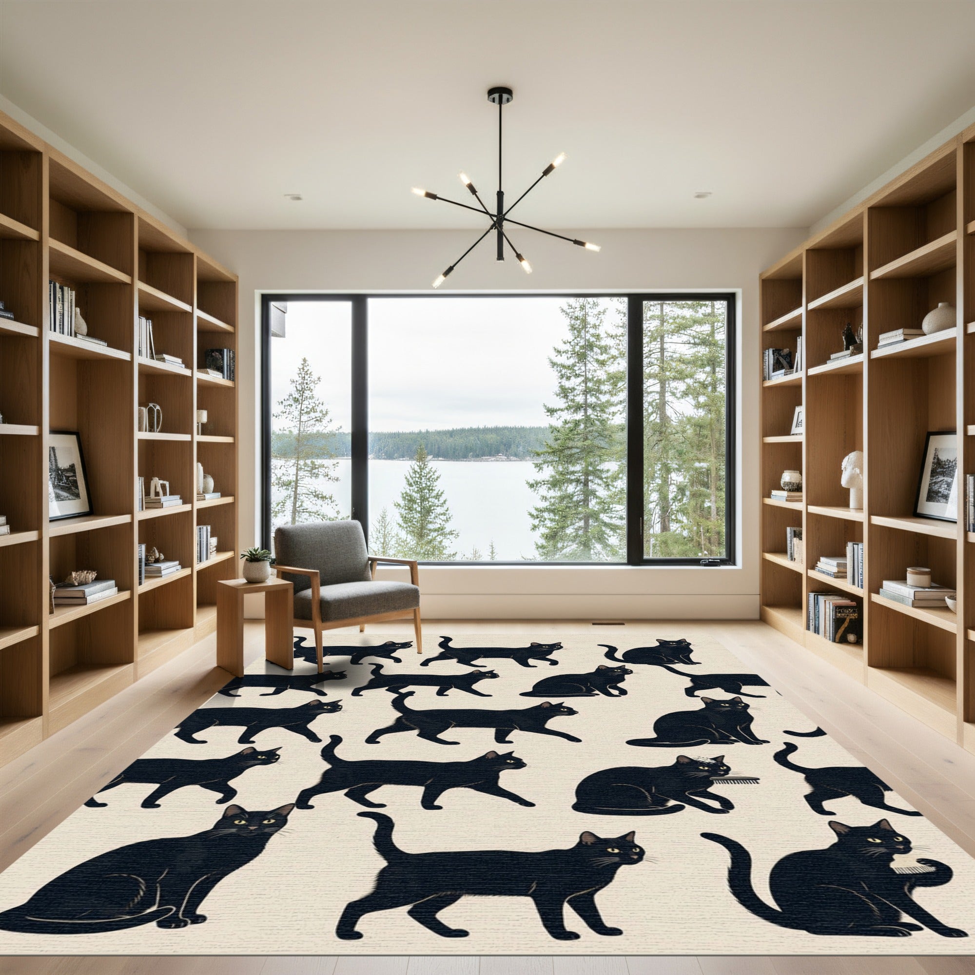 Whimsical Black Cat Silhouette Illustrated Rug