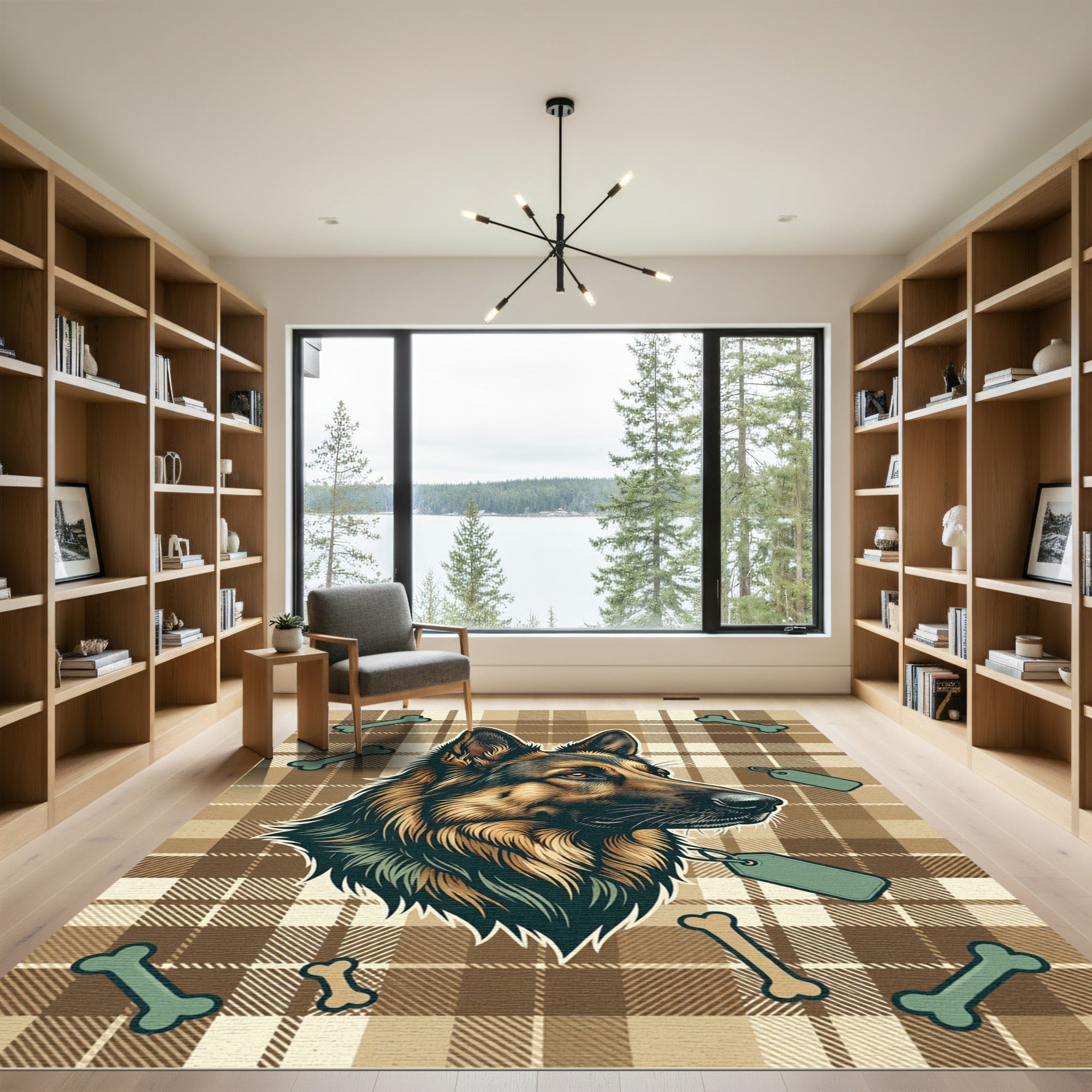 Classic Plaid German Shepherd Bone Illustration Rug