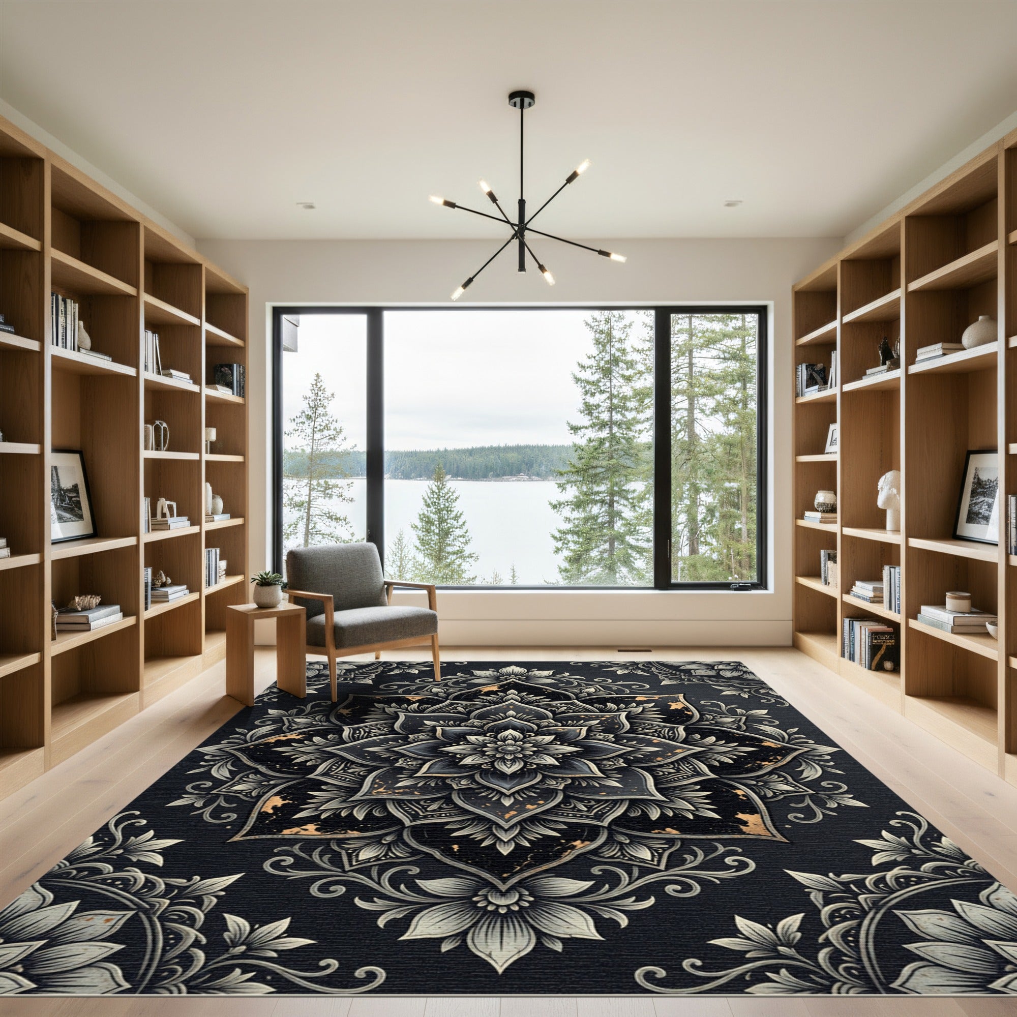 Elegant Black Gold Floral Mandala Art Rug