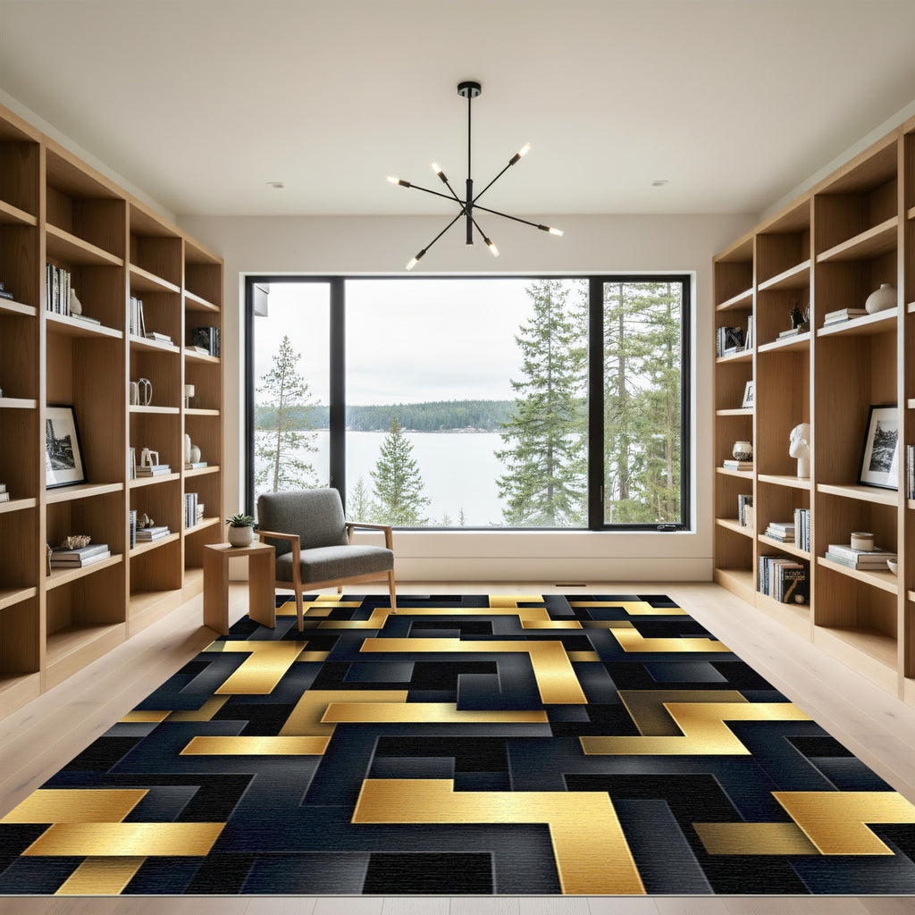 Gold Black Geometric Labyrinth Rug
