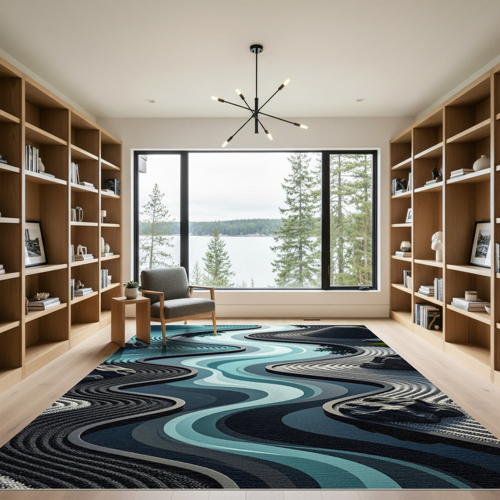 Serene Aqua Winding River Landscape Rug