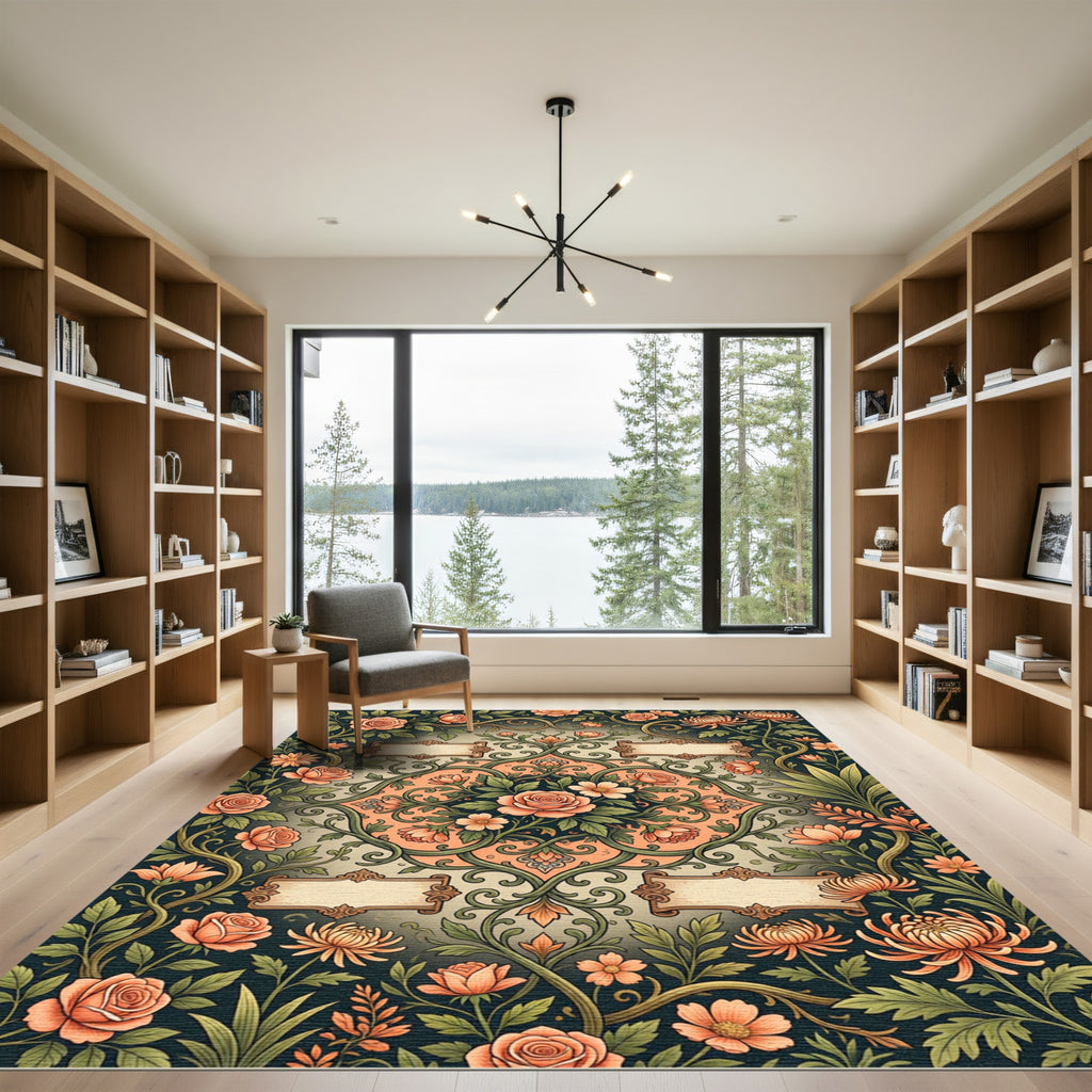 Coral Floral Rose Vine Medallion Rug