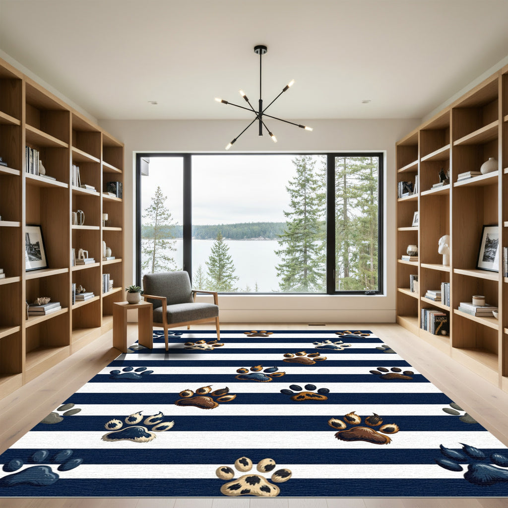 Navy Striped Animal Paw Print Rug