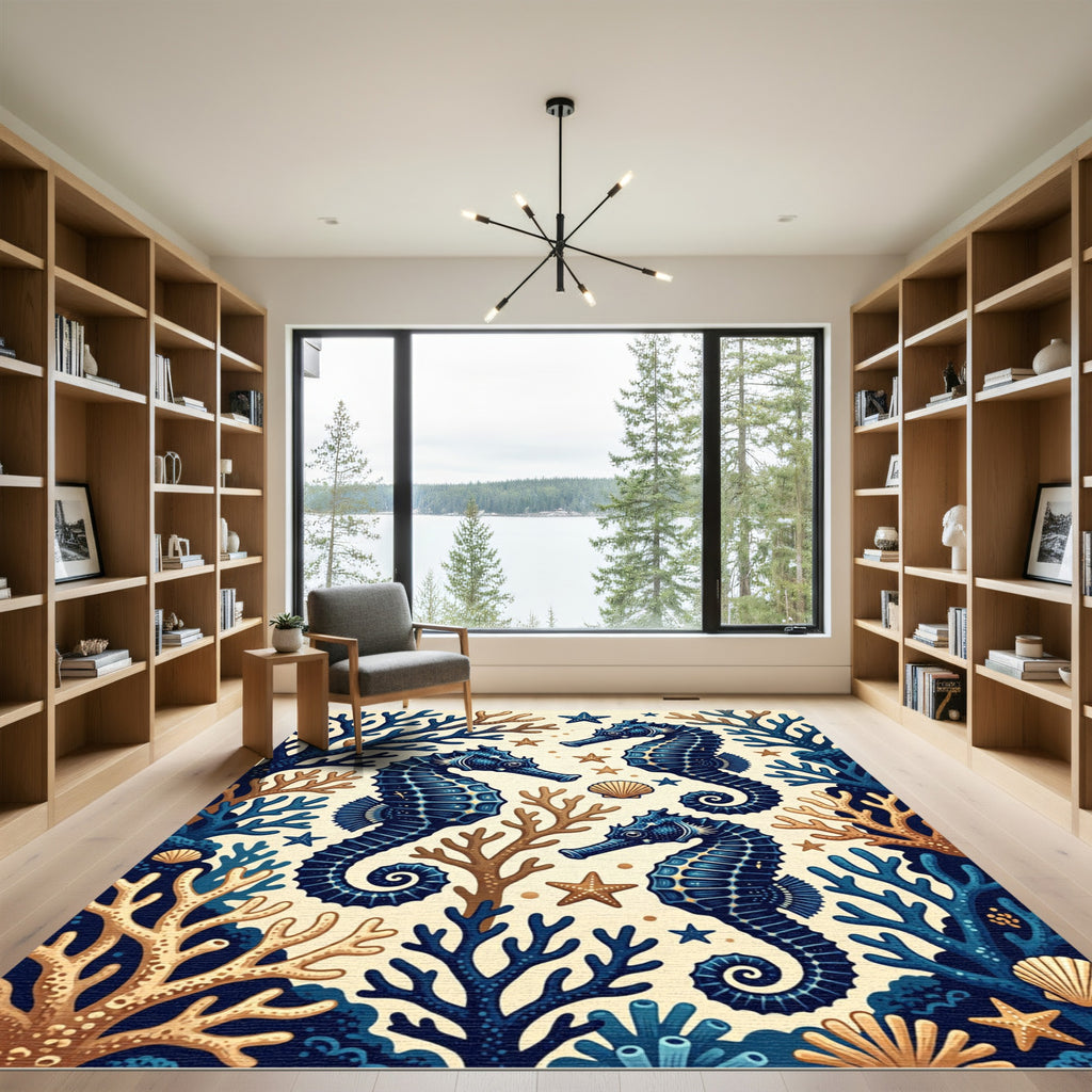 Navy Seahorse and Coral Reef Illustration Rug