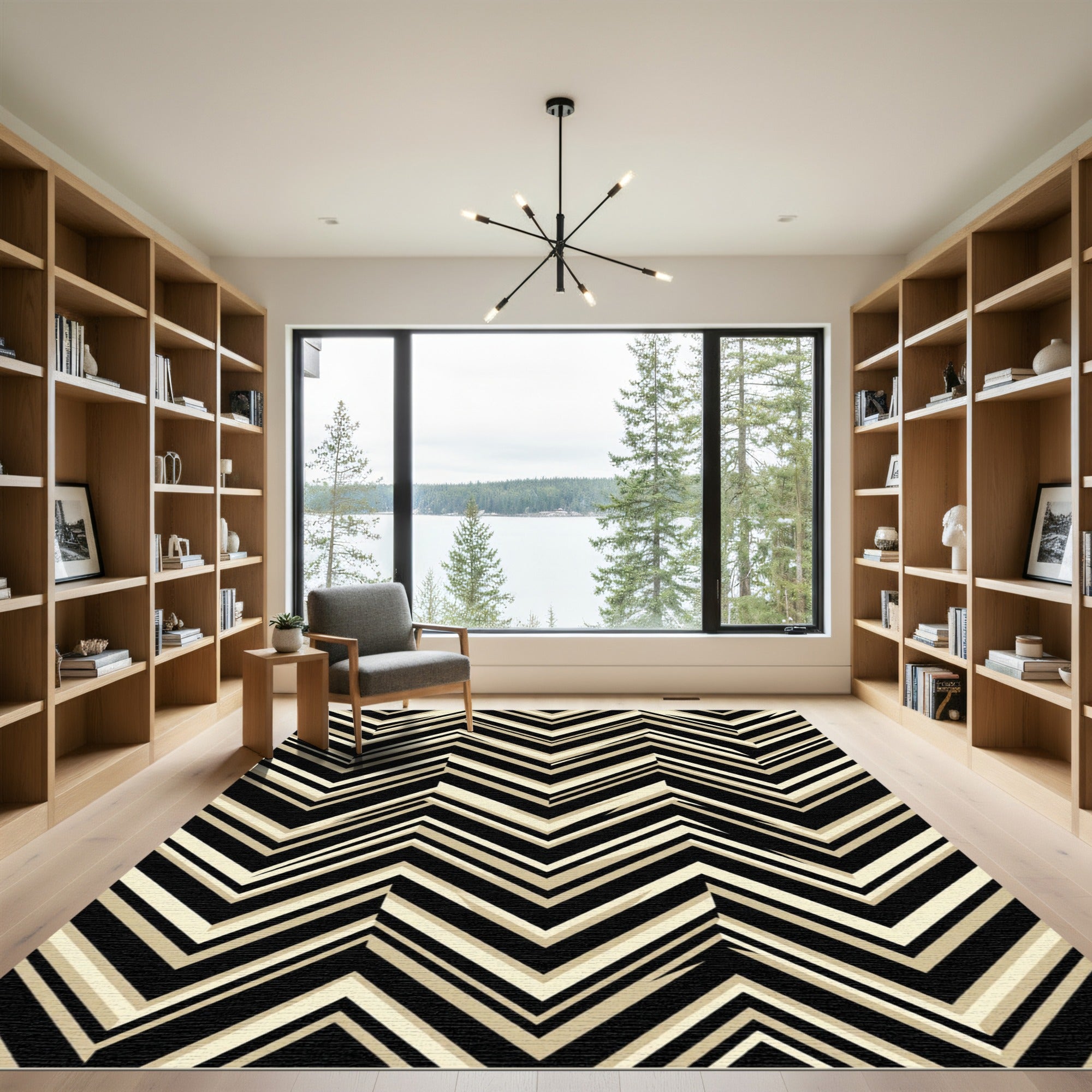 Modern Black and Cream Zigzag Chevron Rug