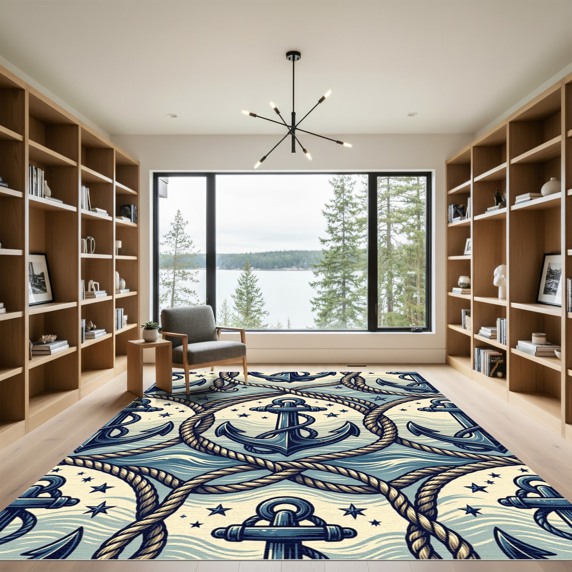 Nautical Anchor Rope Marine Navy Cream Rug