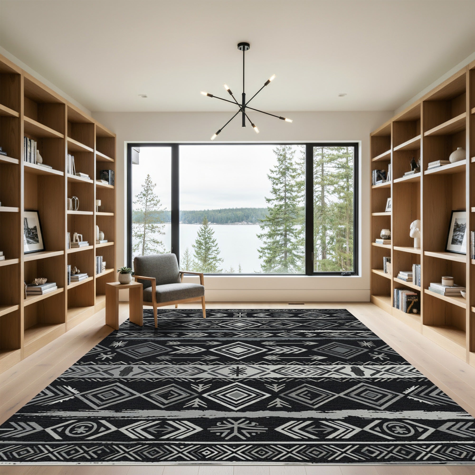 Silver Black Tribal Diamond Stripe Rug