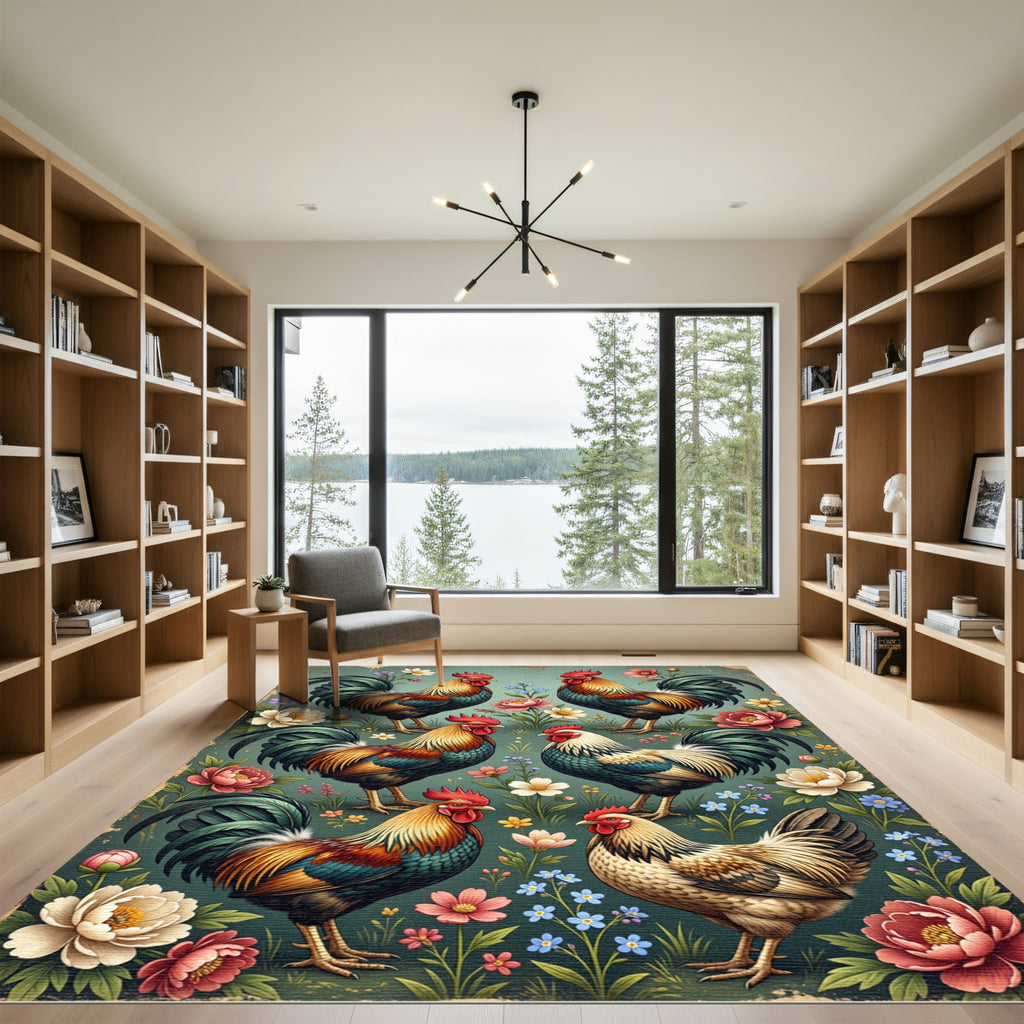 Vintage Rooster and Floral Foliage Illustration Rug