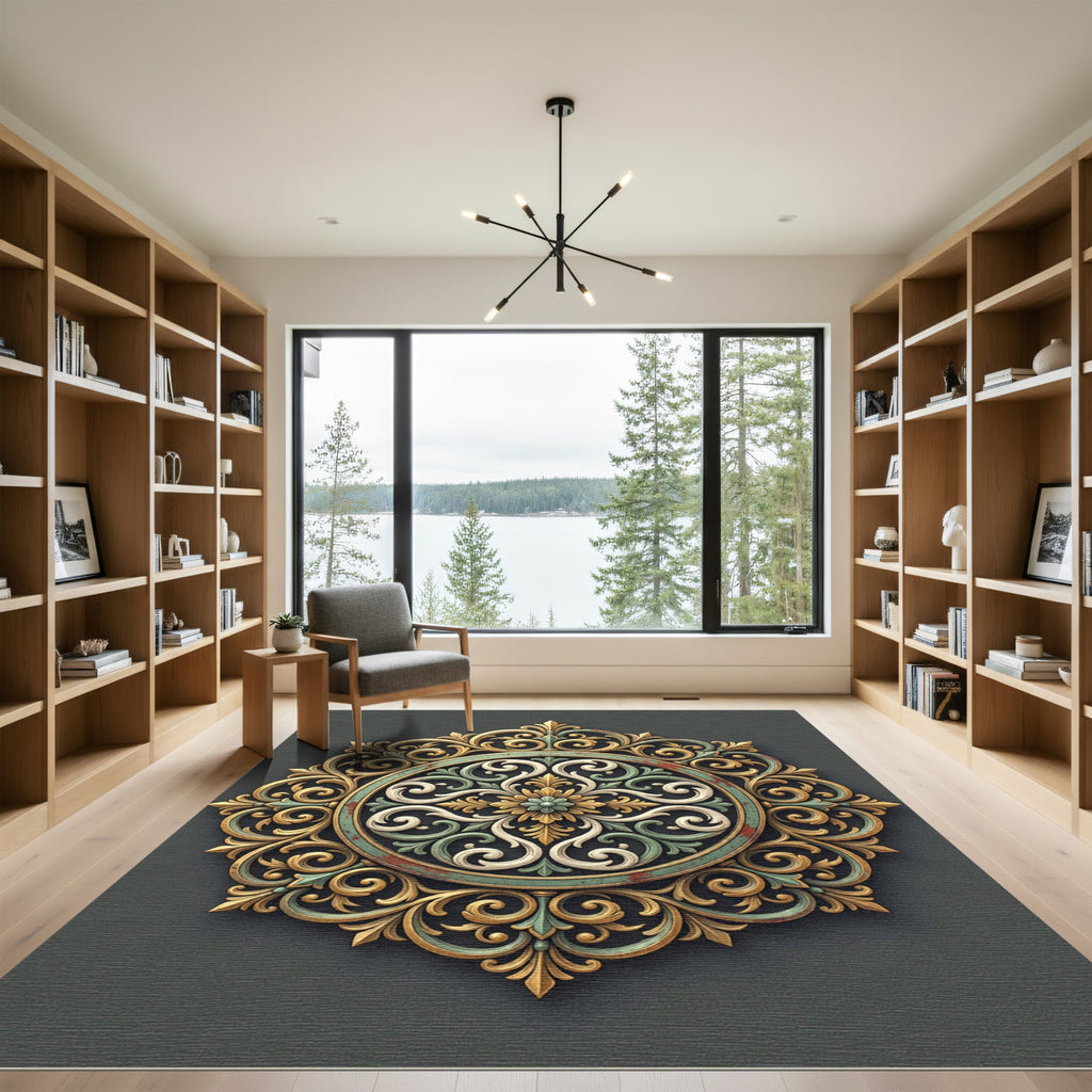 Ornate Sage And Gold Filigree Medallion Rug