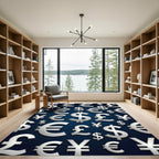 Global Metallic Currency Symbols Navy Background Rug