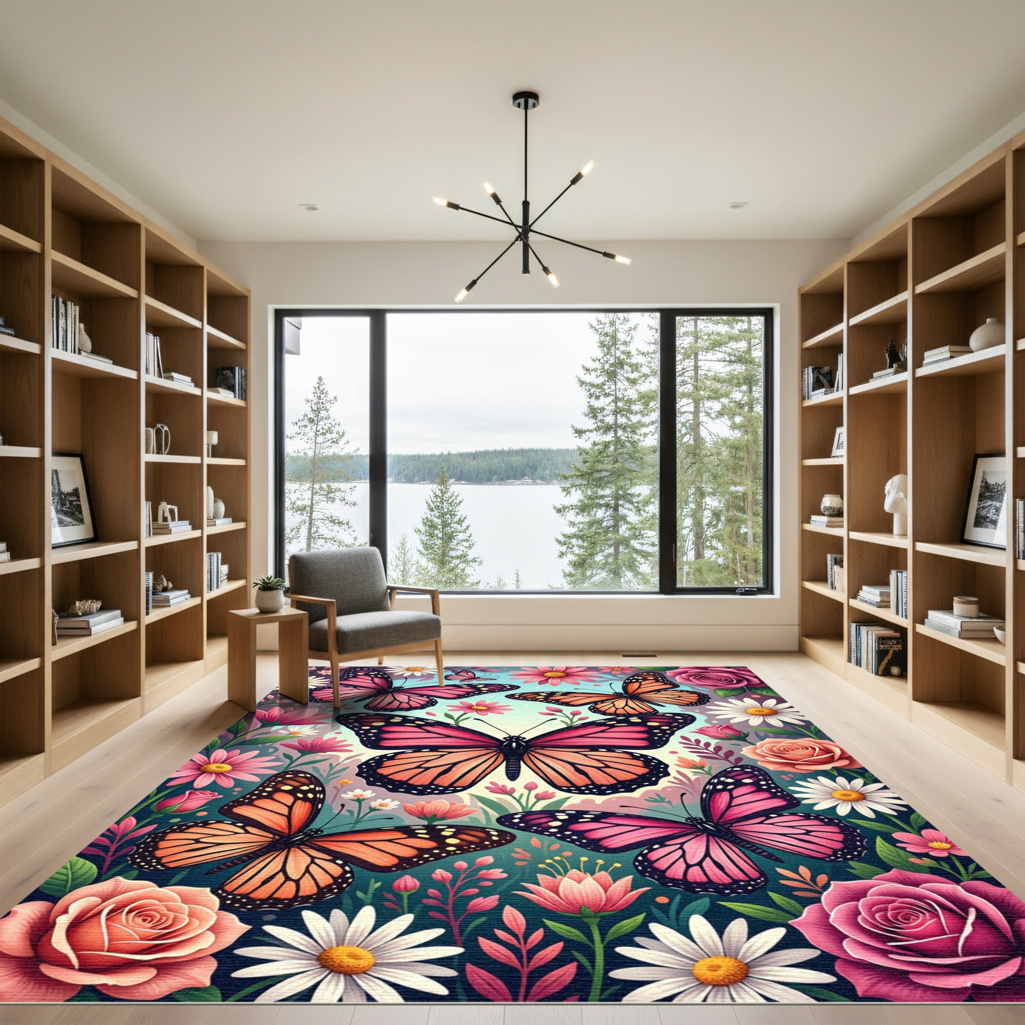Pink Orange Butterflies Floral Garden Rug