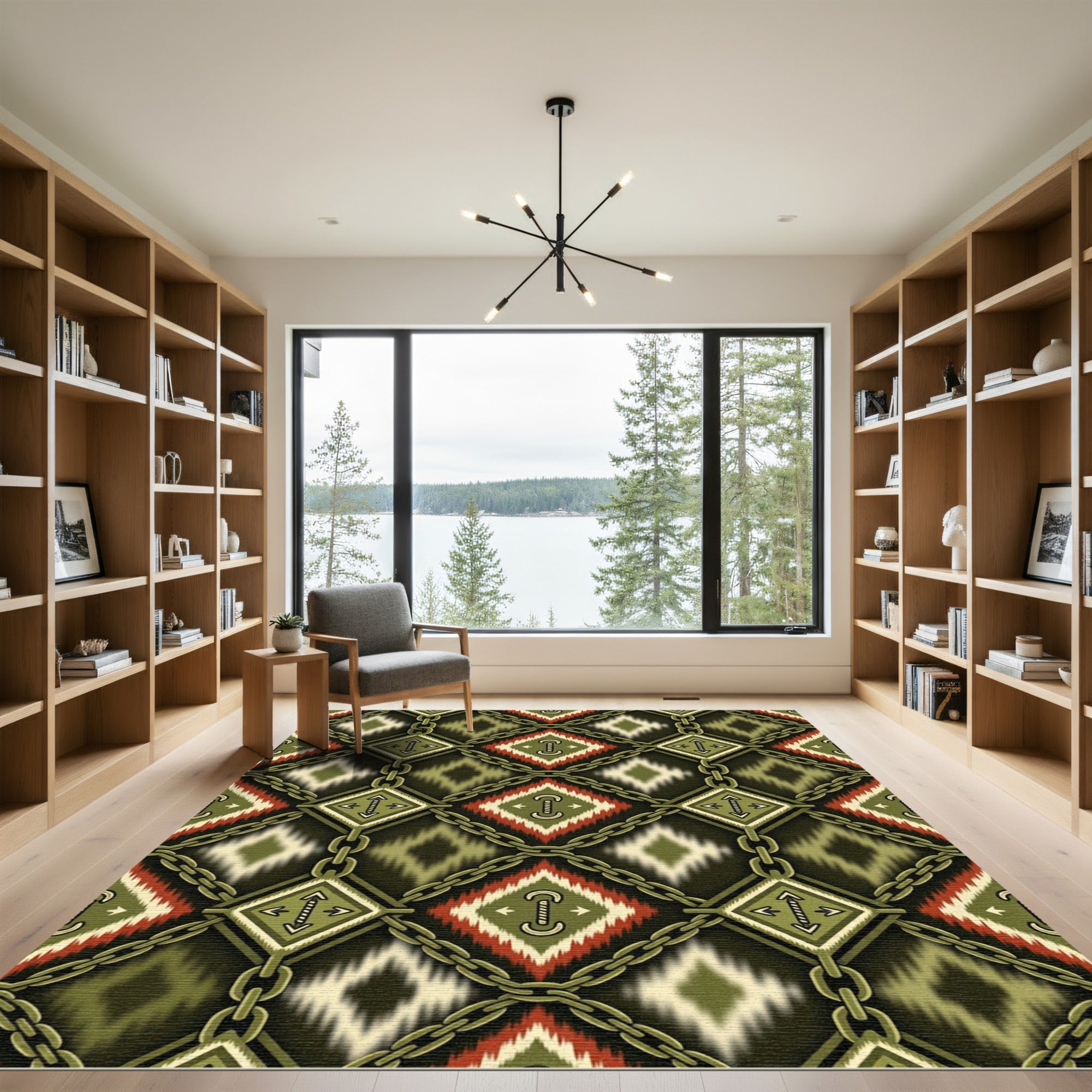 Olive Green Geometric Chain Diamond Art Rug