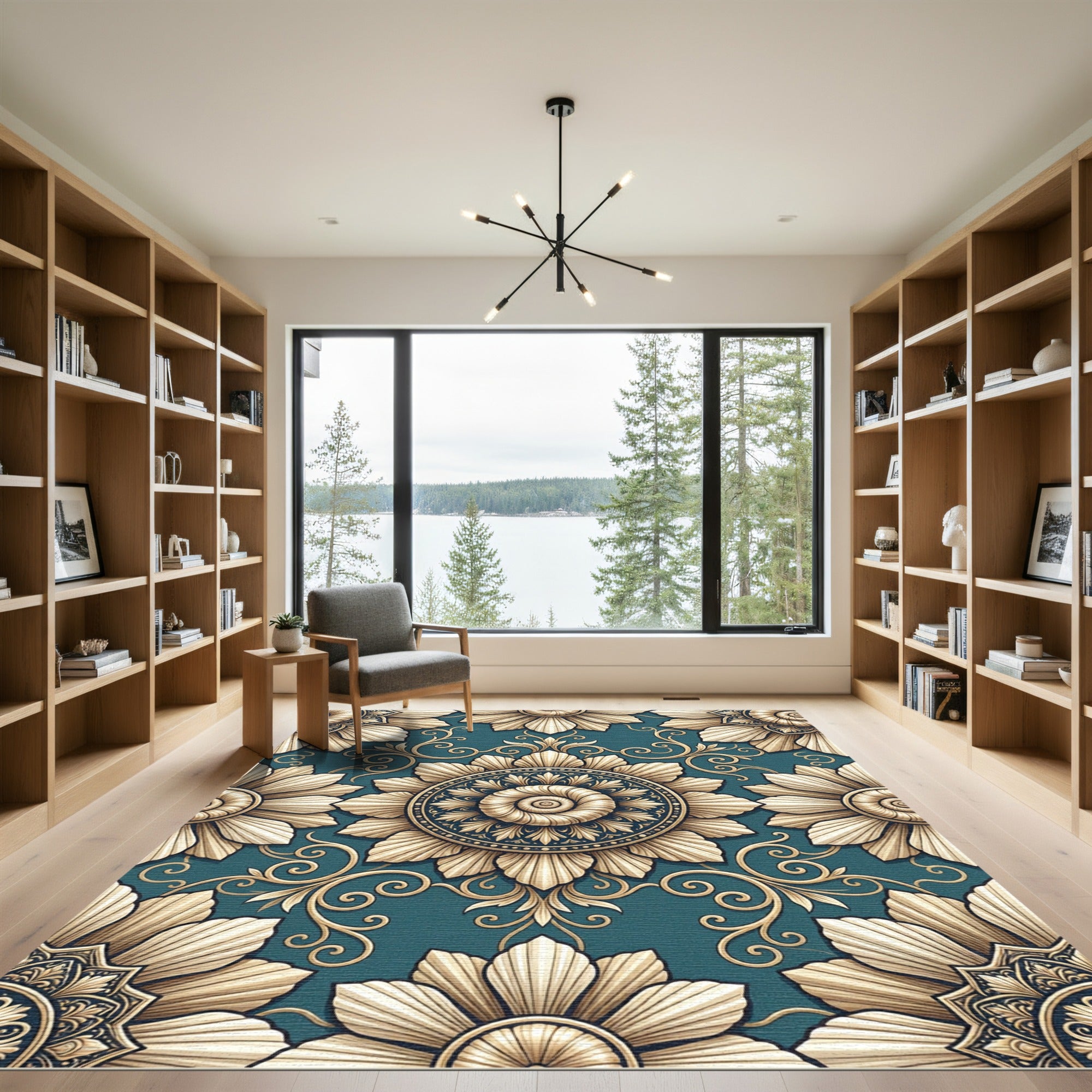 Elegant Teal Gold Floral Medallion Rug