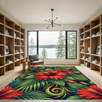Vibrant Red Hibiscus Tropical Leaves Rug