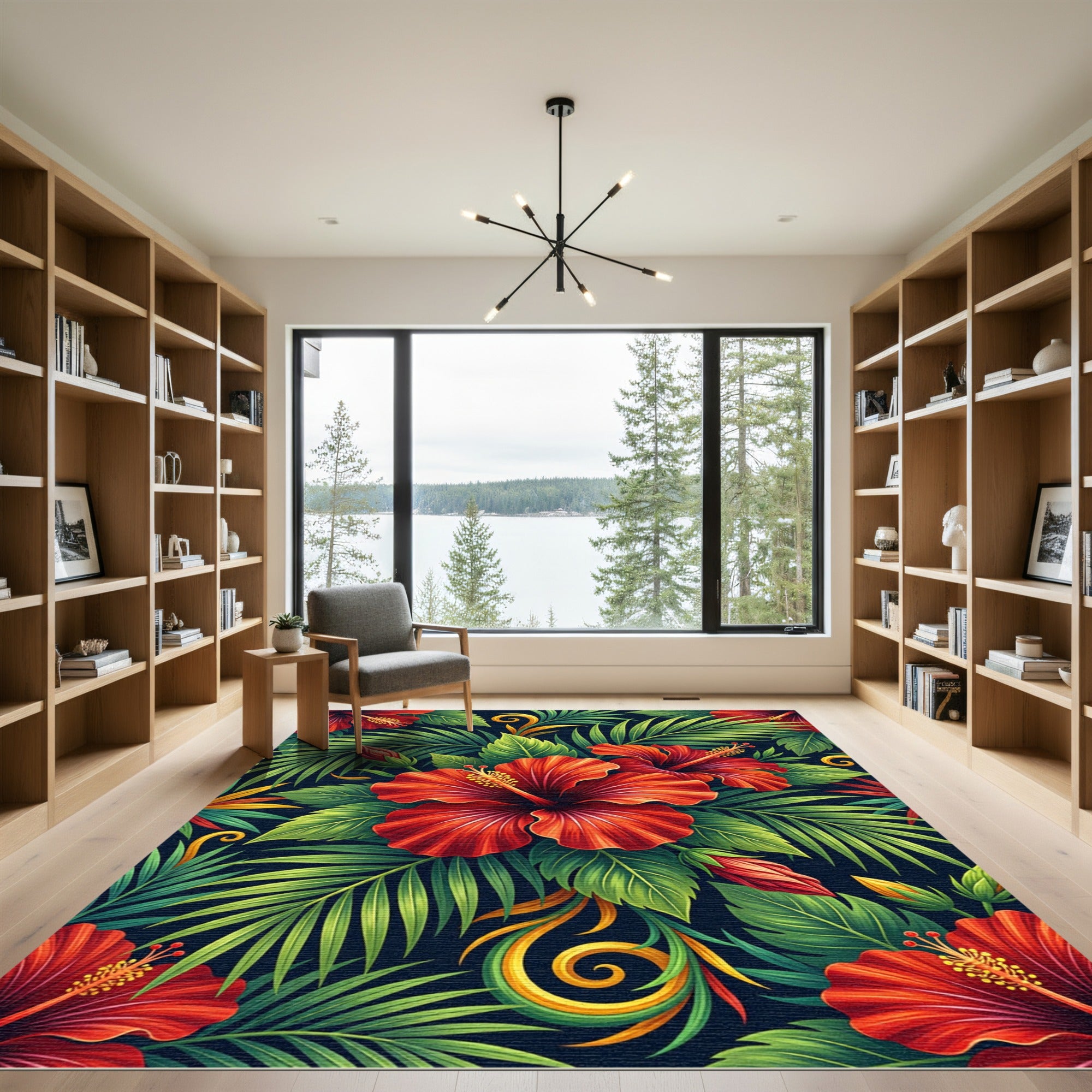 Vibrant Red Hibiscus Tropical Leaves Rug