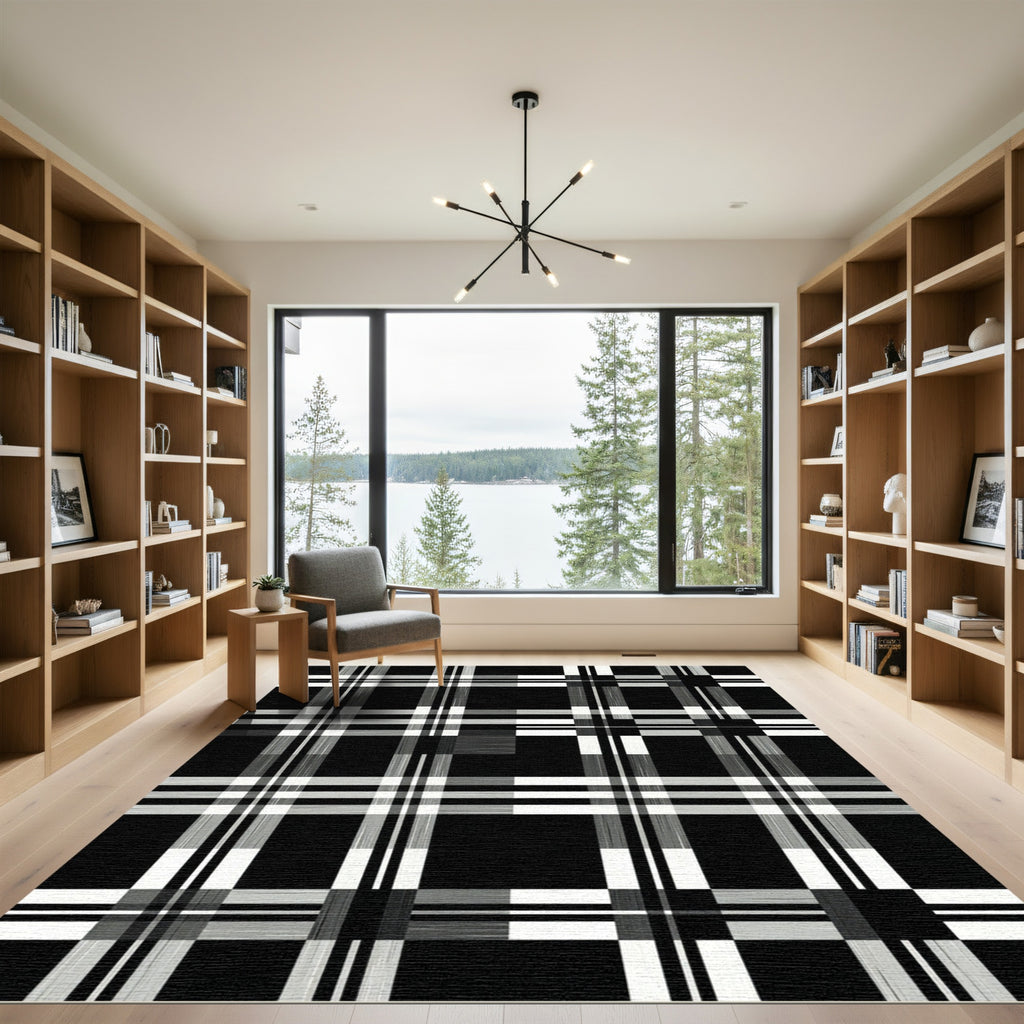 Black white intersecting plaid Rug
